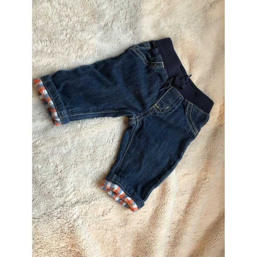 Baby Boy Gymboree Denim Jeans 3-6 Months With Plaid Cuffs & Elastic Waist